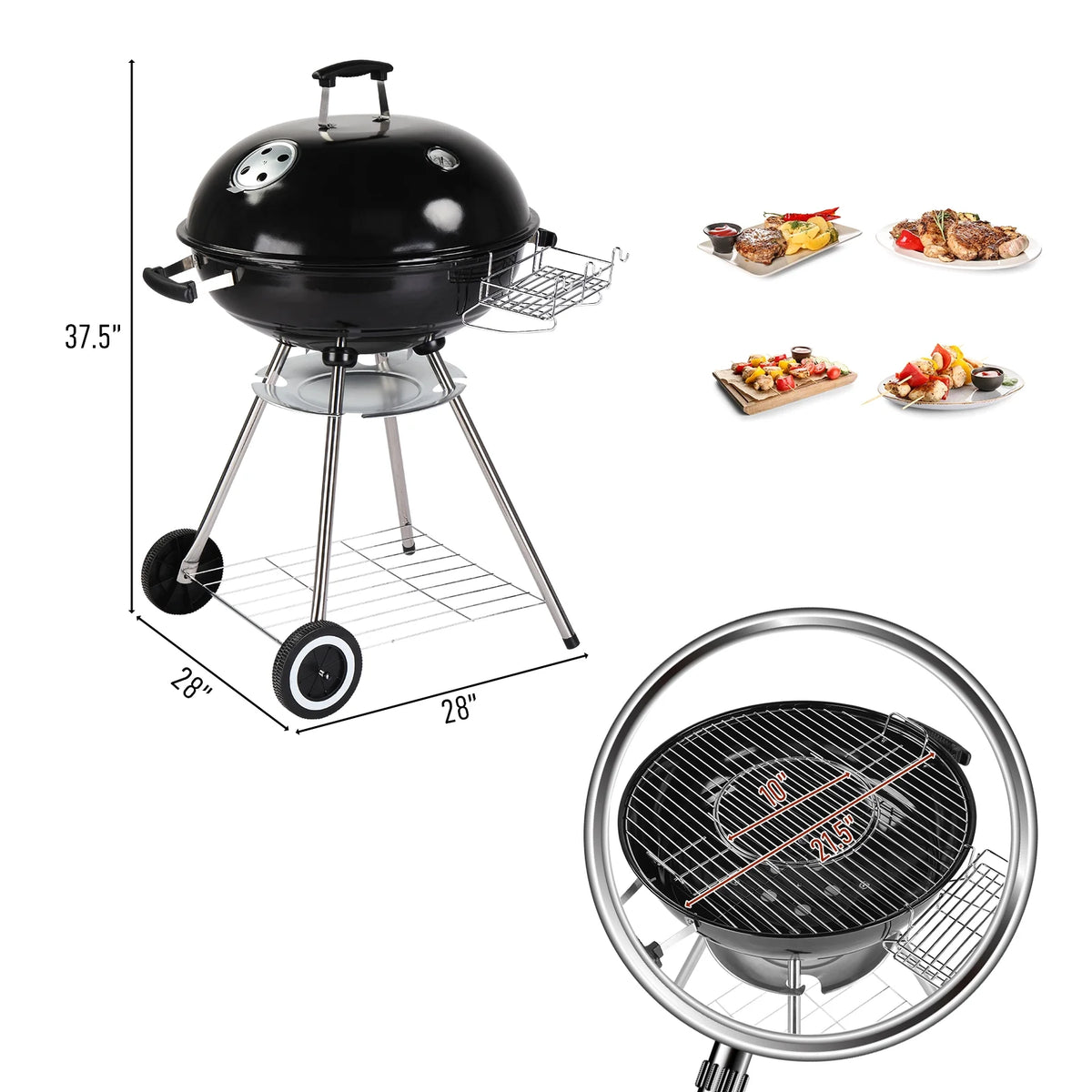 Portable Charcoal BBQ Grill with Side Wheels Black N97434