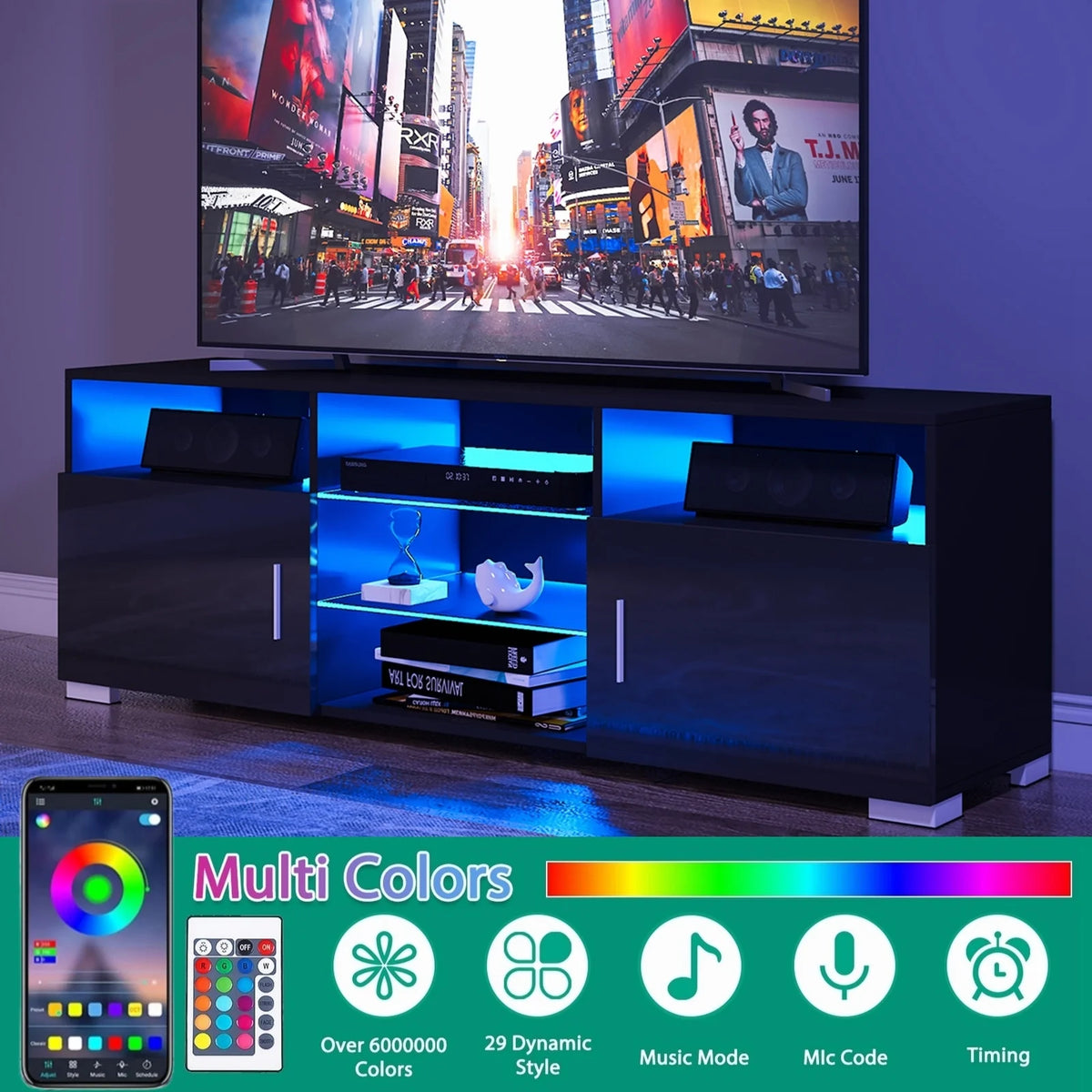 57'' TV Stand with RGB LED Light and Glass Shelves H921
