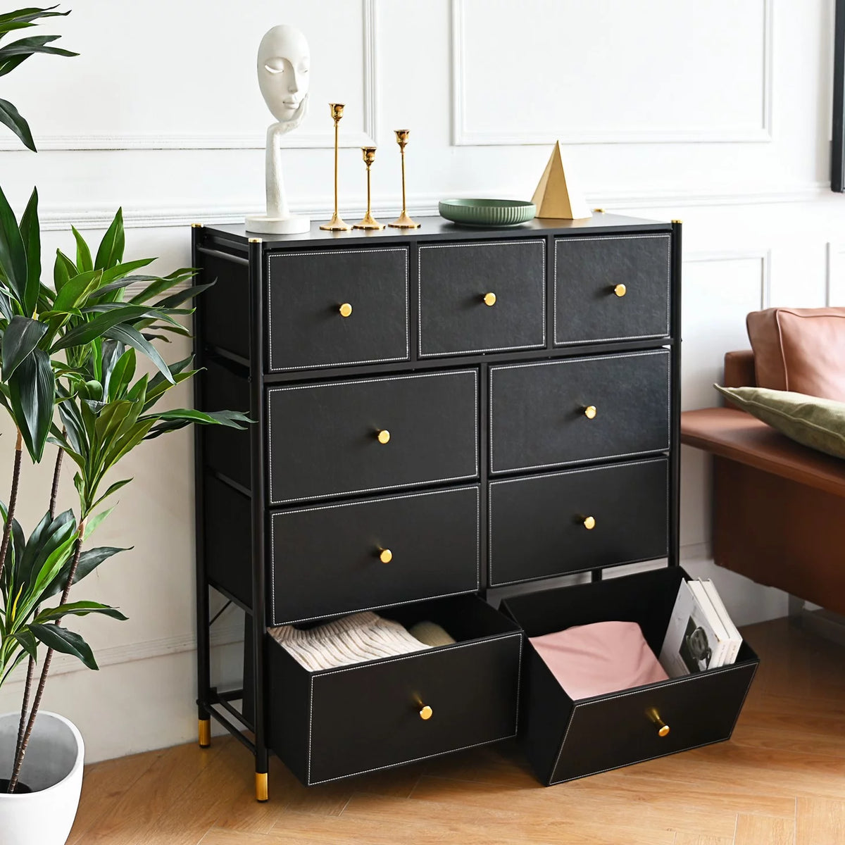 Black 9 Drawer Dresser with Steel Frame F1507