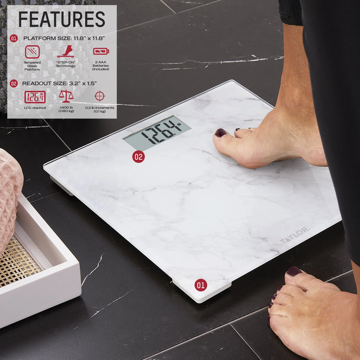 Digital Body Weight Scale 400lb Capacity White Marble S3492
