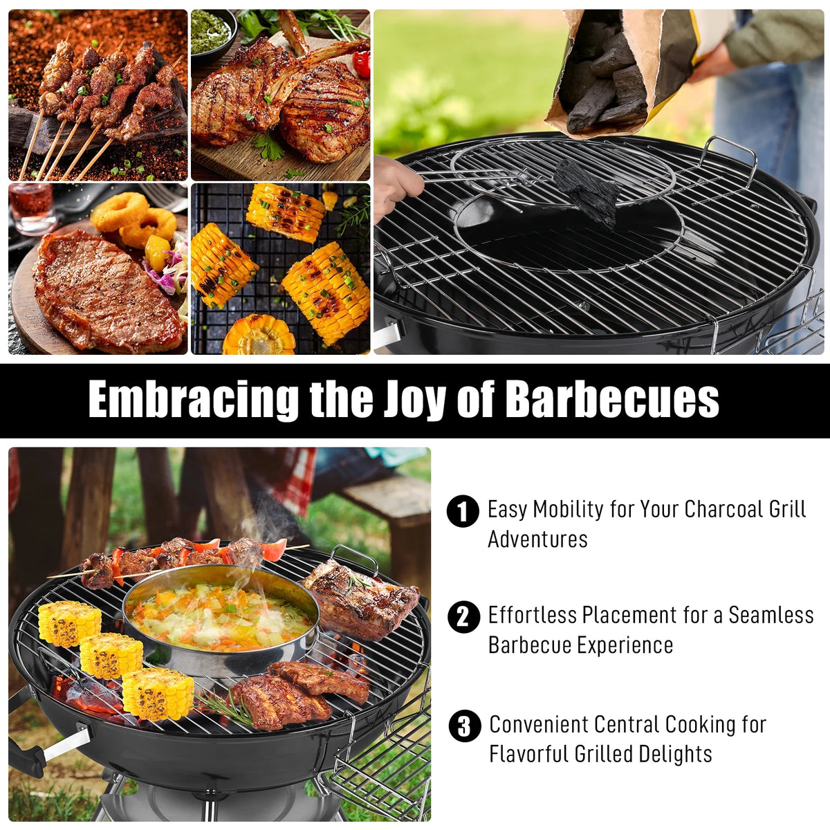 Portable Charcoal BBQ Grill with Side Wheels Black N97434