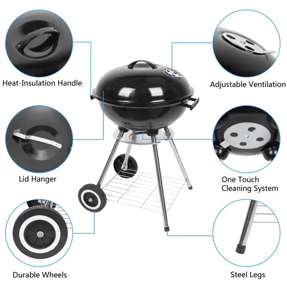 Portable Charcoal BBQ Grill with Side Wheels Black N97434