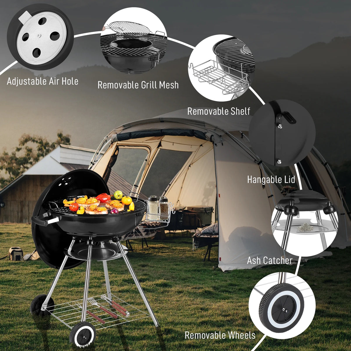 Portable Charcoal BBQ Grill with Side Wheels Black N97434