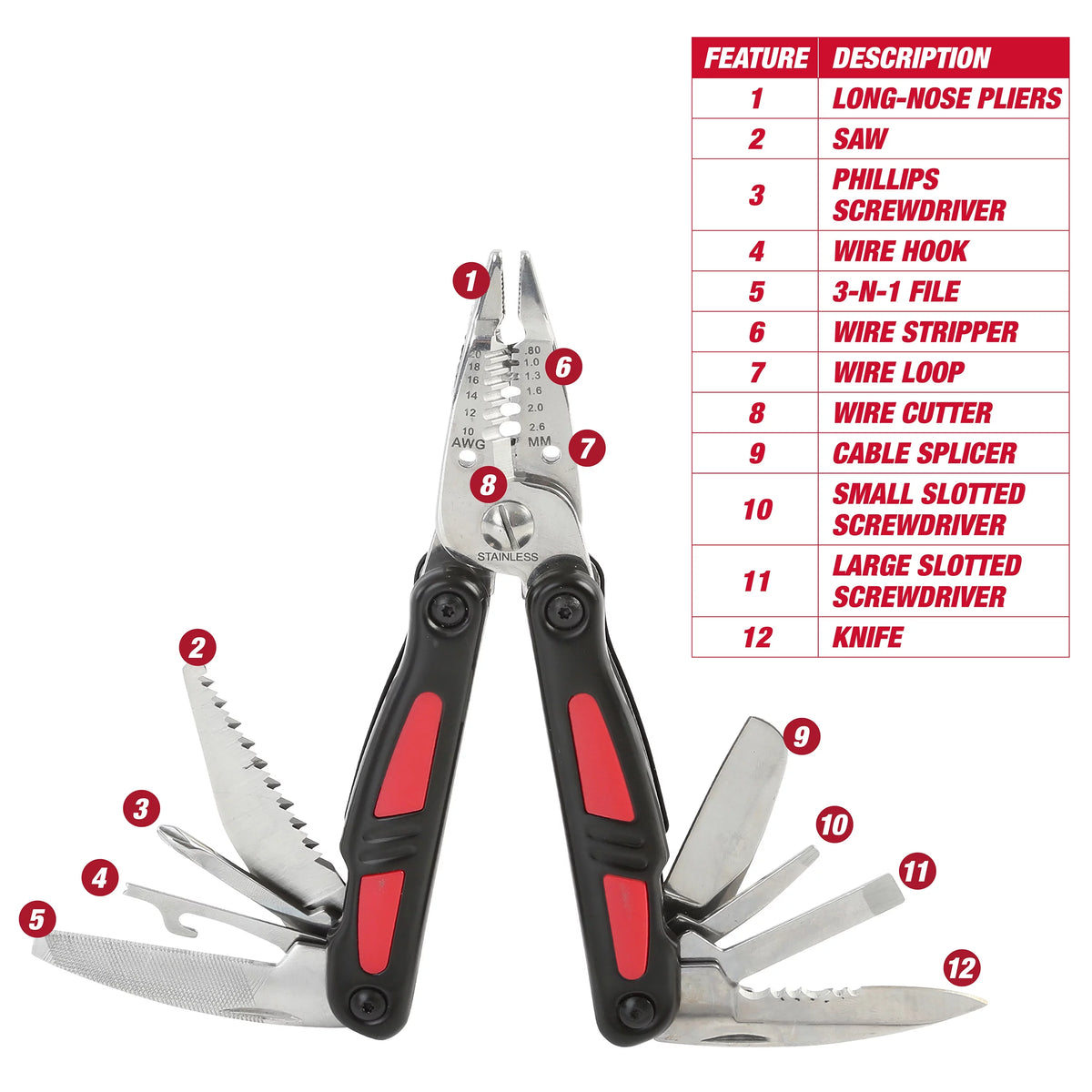 12-in-1 Folding Electrician's Multi-Tool G670