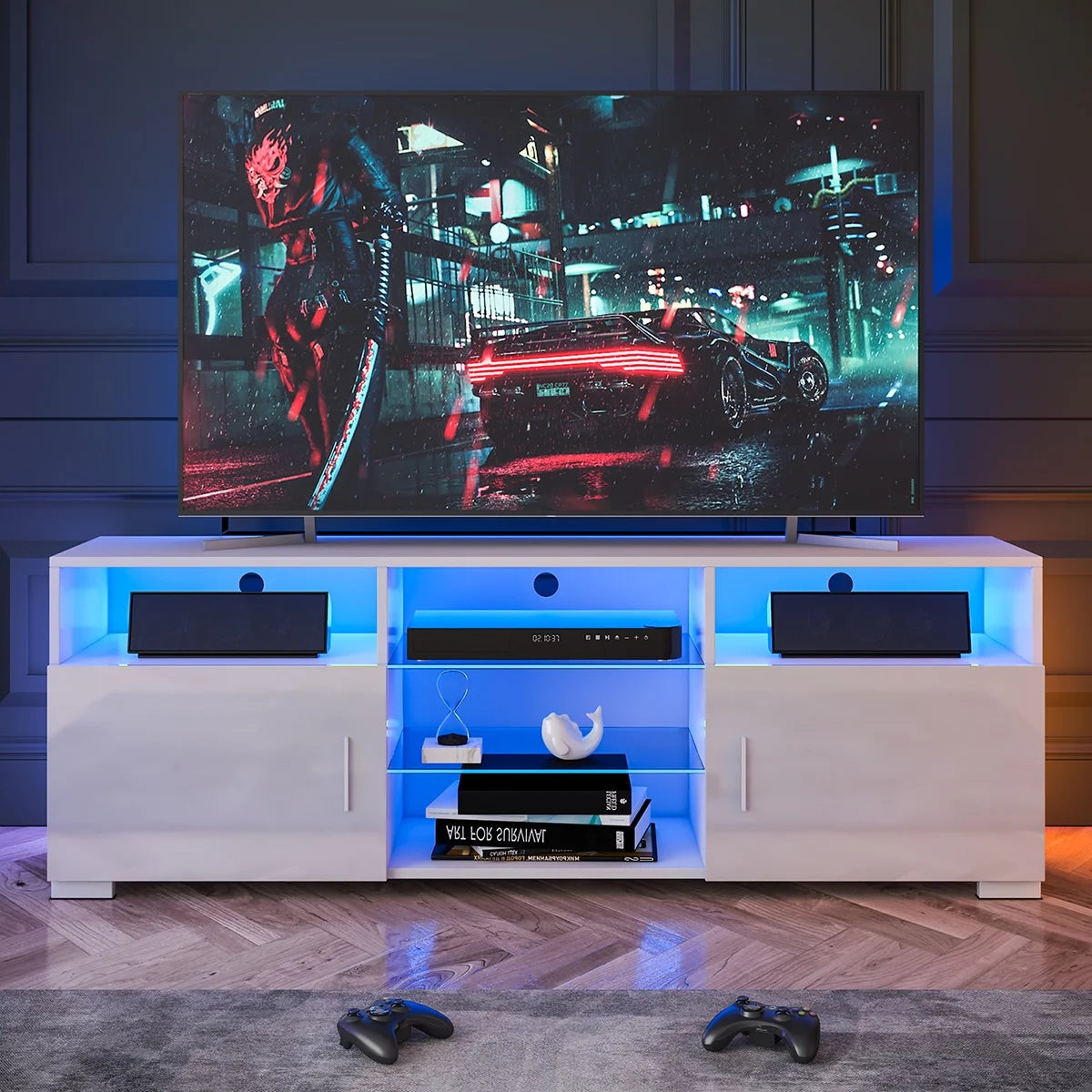 57'' TV Stand with RGB LED Light and Glass Shelves H921