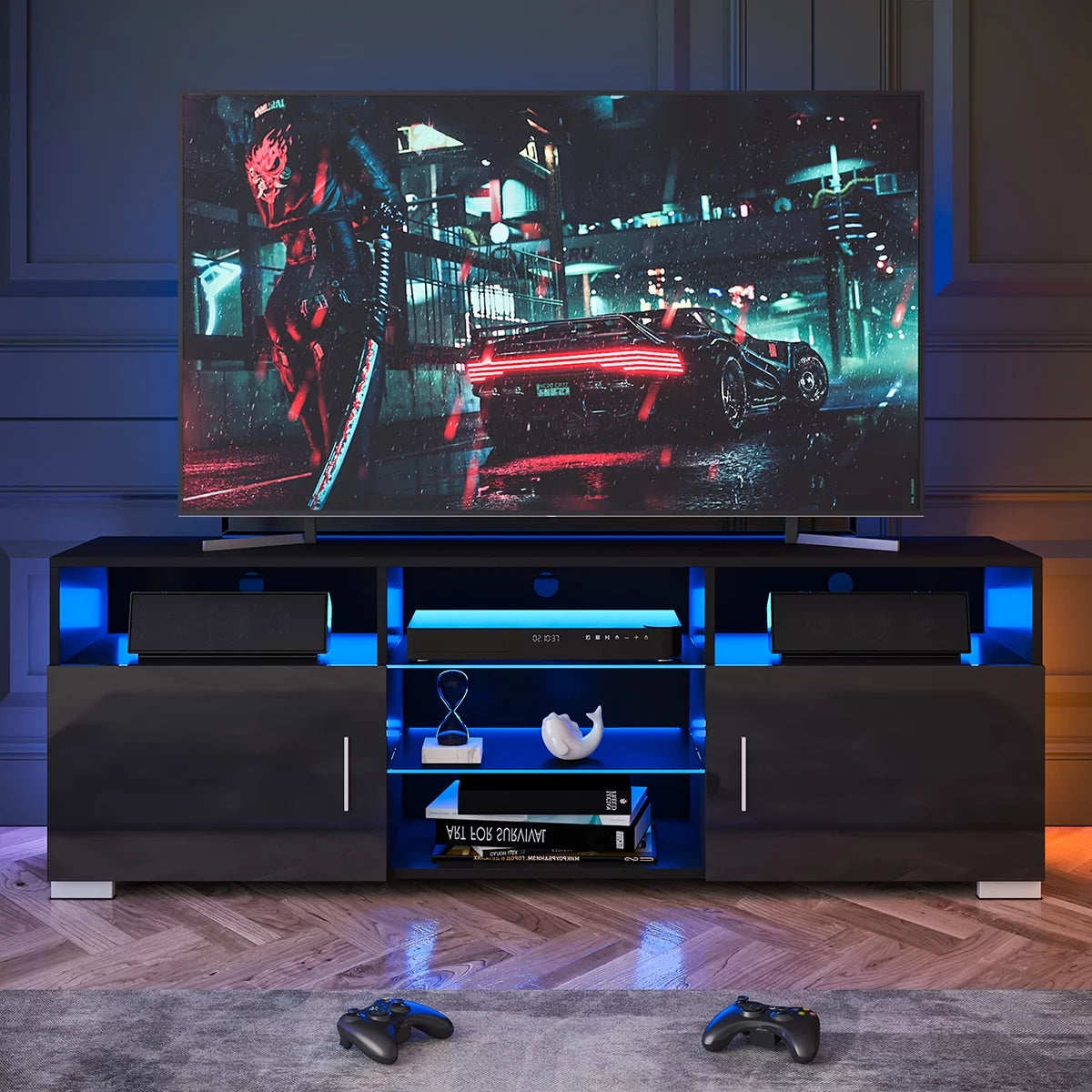 57'' TV Stand with RGB LED Light and Glass Shelves H921
