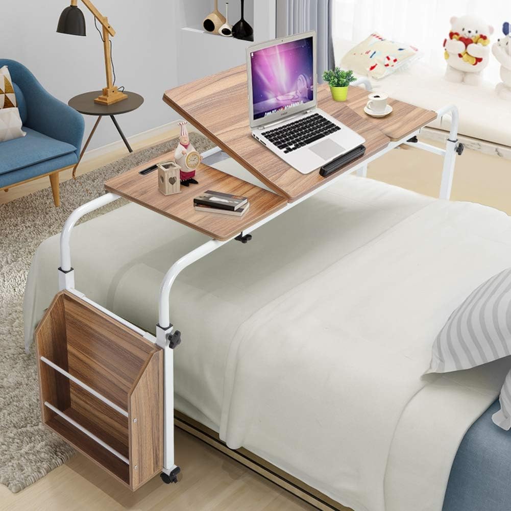 Height Adjustable Overbed Table with Wheels and Magazine Rack I322