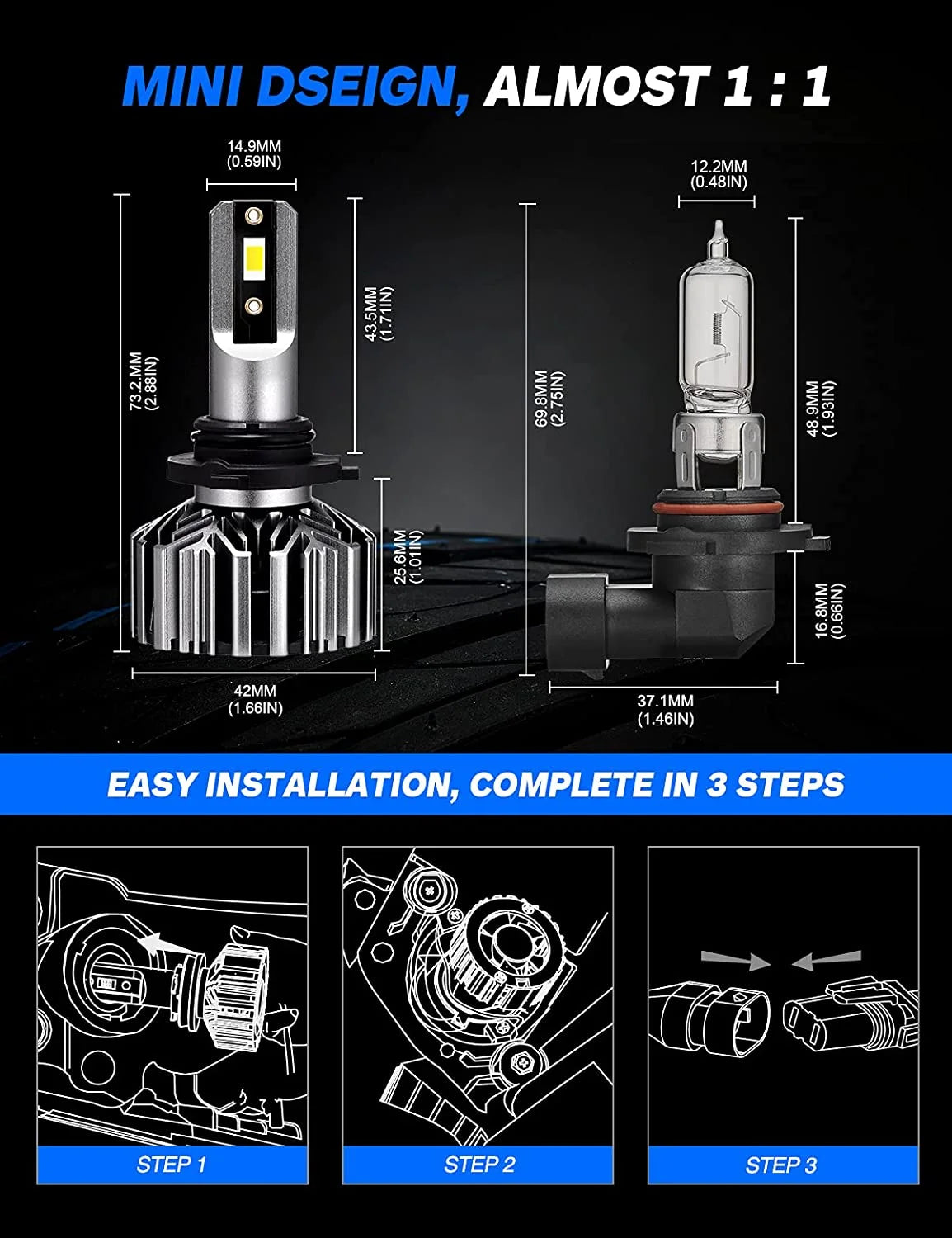9005 9006 LED Headlight Bulbs Combo High and Low Beam 6500K Cool White Z248